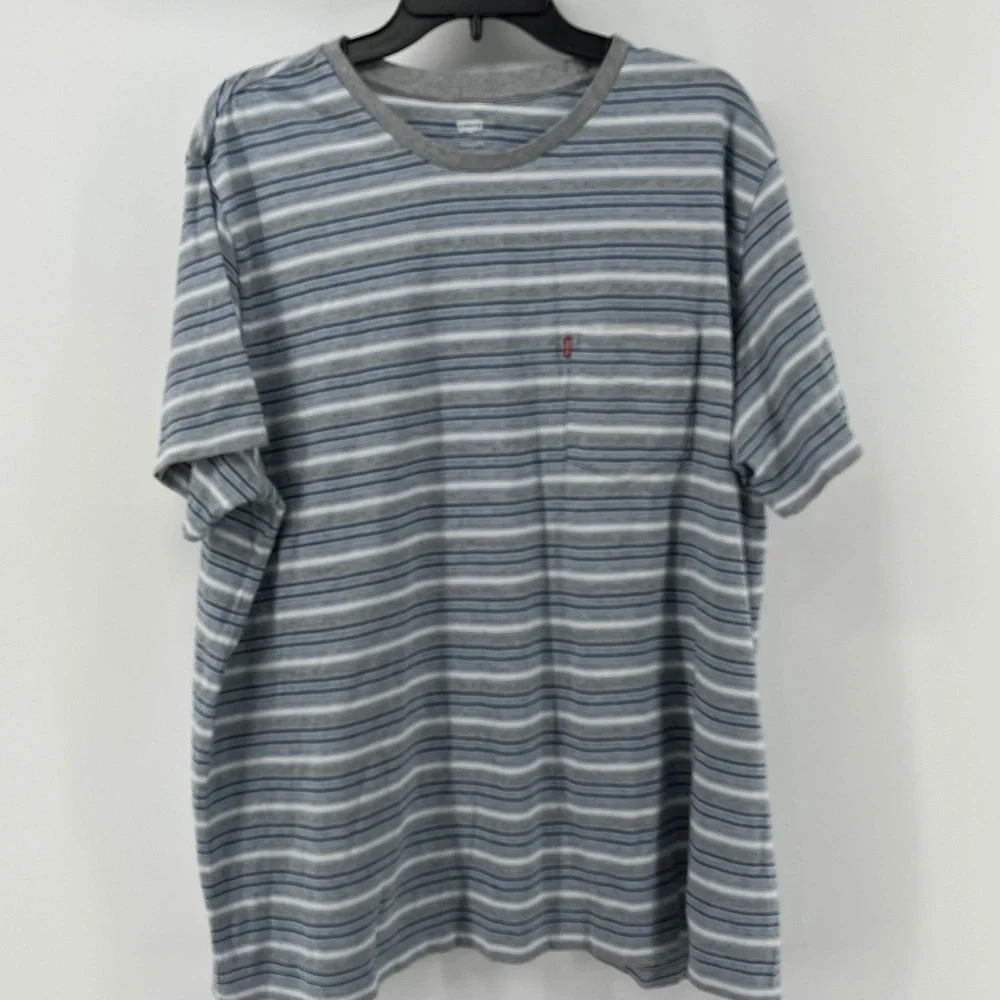 Levi's Pocket T-Shirt, Mens, XXL, Blue Grey, Striped Short Sleeve Crewneck